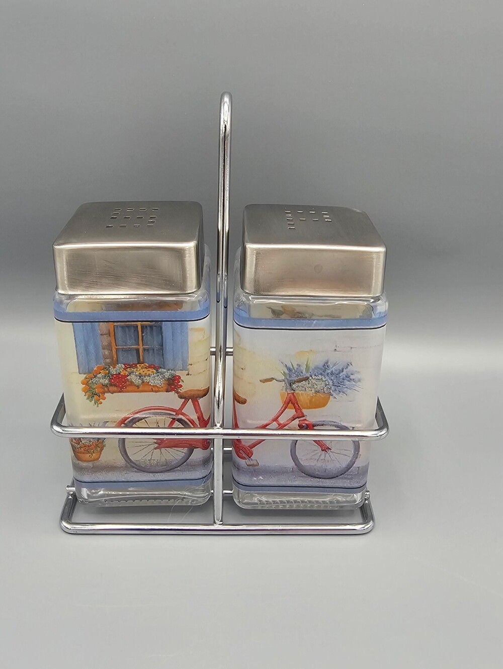 Vintage Bicycle Themed Salt and Pepper Shakers with Metal Stand